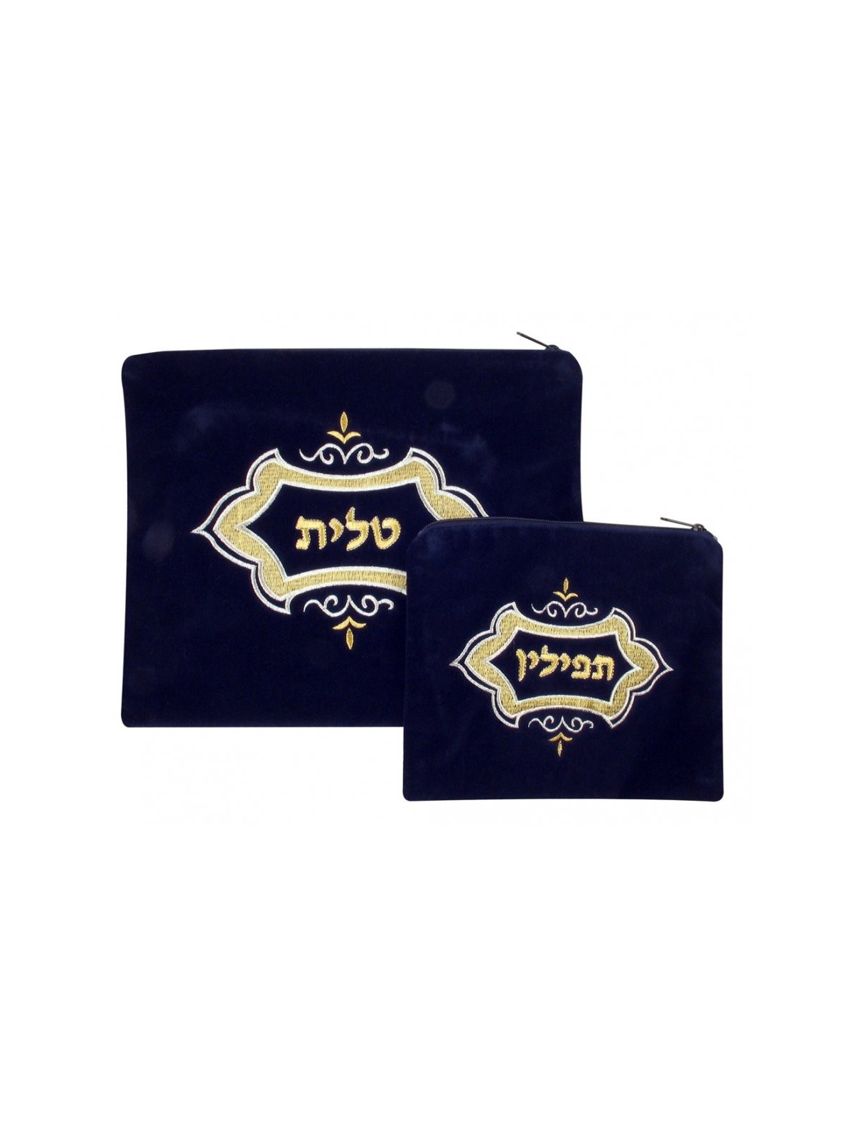 סט תיקי טלית ותפילין קטיפה עם קו... | תיקי טלית ותפילין